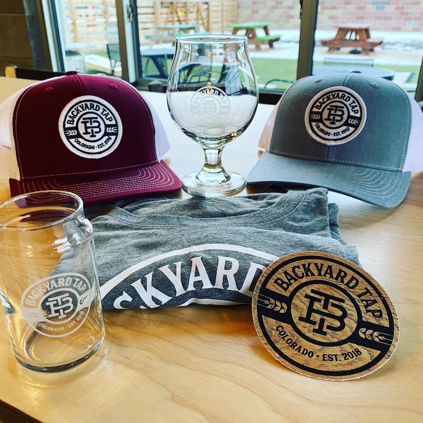 Backyard Tap hats, shirt, glassware and sticker